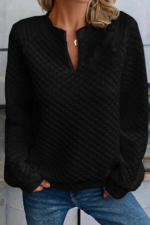 Split Neck Quilted Long Sleeve Top